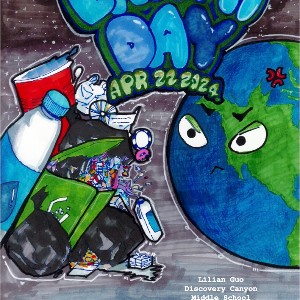 Lilian Guo, Discovery Canyon Campus Middle School, an earth day poster, the planet earth stares down trash